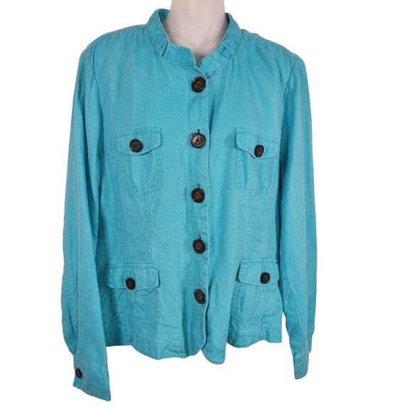 Relativity Women 100% Linen Jacket Teal Blue Size XL Lightweight Utility Pockets - Picture 1 of 10